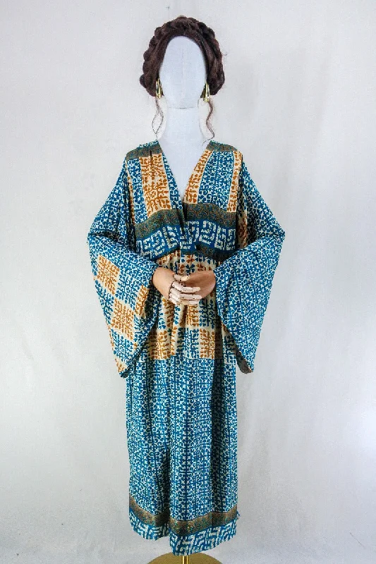 Fleur Bell Sleeve Dress - Ochre and Teal Mandala Tile  - Vintage Sari - Size M/L