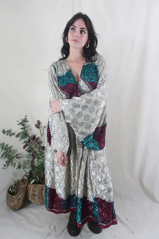 Fleur Bell Sleeve Maxi Dress - White Gold Waves & Teal Paisley - Vintage Sari - S - M/L