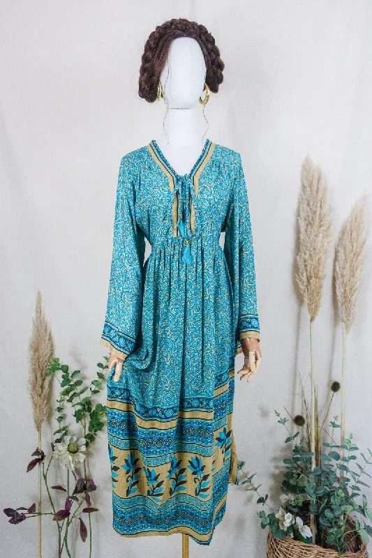 Gaia Kaftan Dress - Turquoise Blue Paisley Crests - Vintage Indian Sari - Free Size