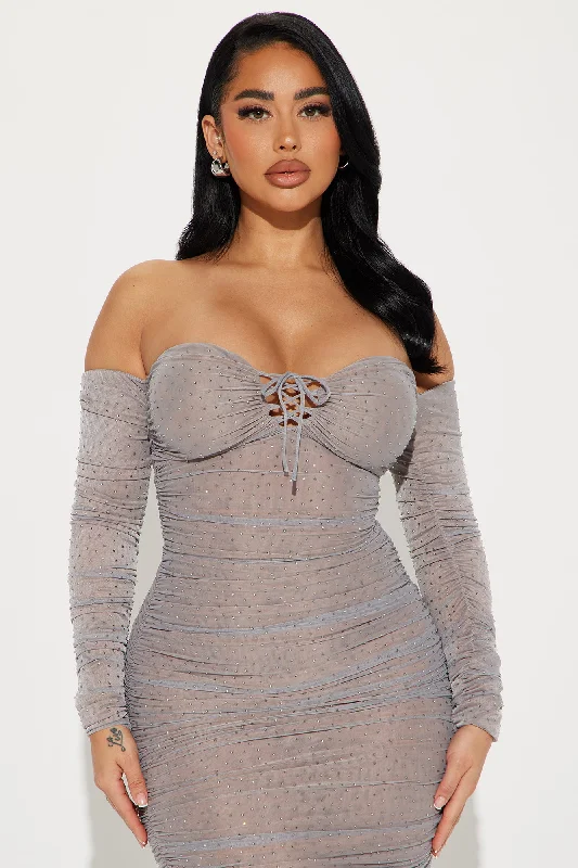 Gemma Rhinestone Mesh Maxi Dress - Grey