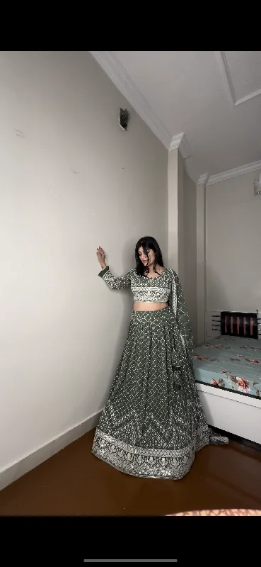 Green Threadwork Lehenga