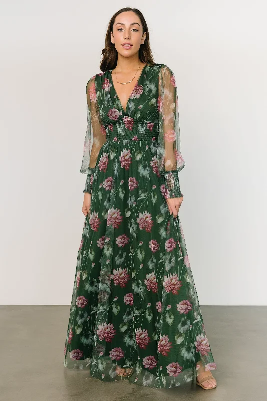 Layla Tulle Maxi Dress | Green + Pink Floral