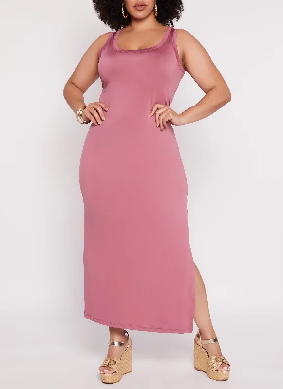 Plus Size Scoop Neck Side Slit Maxi Tank Dress