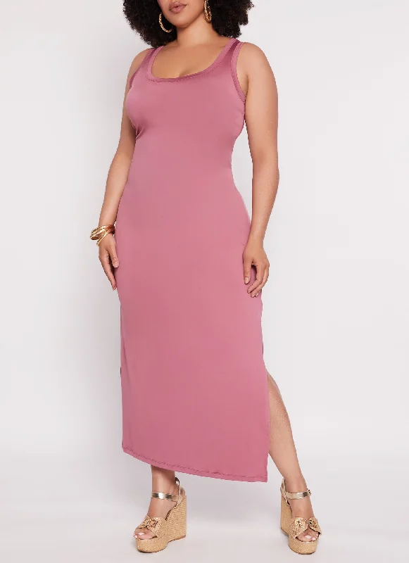 Plus Size Scoop Neck Side Slit Maxi Tank Dress