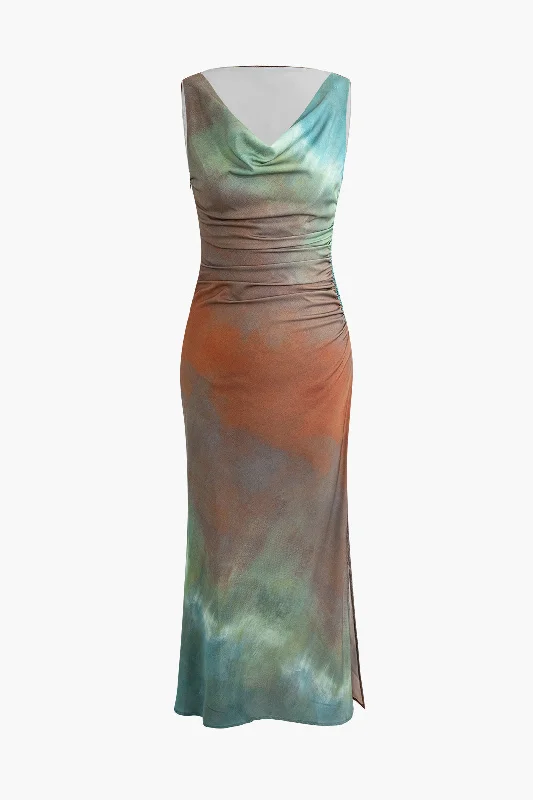 Tie Dye Sleeveless Cowl Neck Ruched Maxi Dress