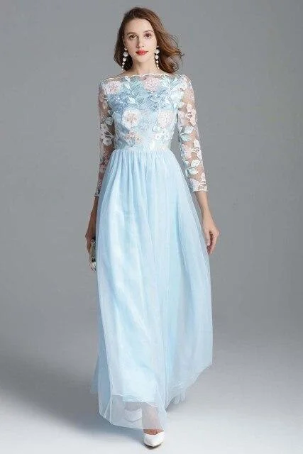 FashionSierra - Embroidery Long Sleeves Party Prom Elegant Floral Maxi Fashion Dresses