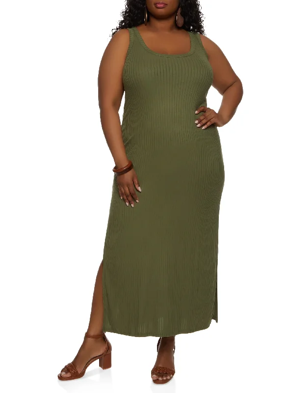 Plus Size Ribbed Side Slit Maxi Tank Dress