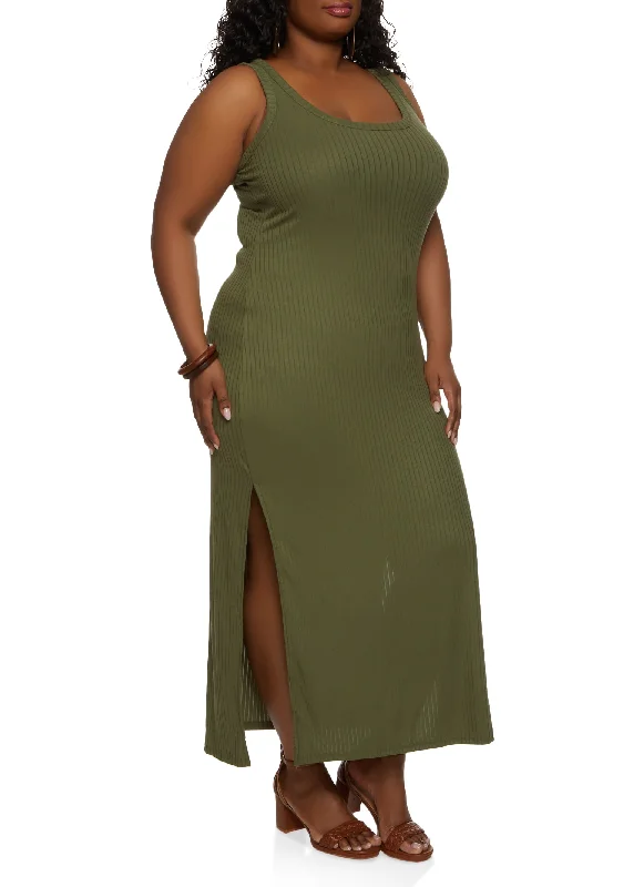 Plus Size Ribbed Side Slit Maxi Tank Dress