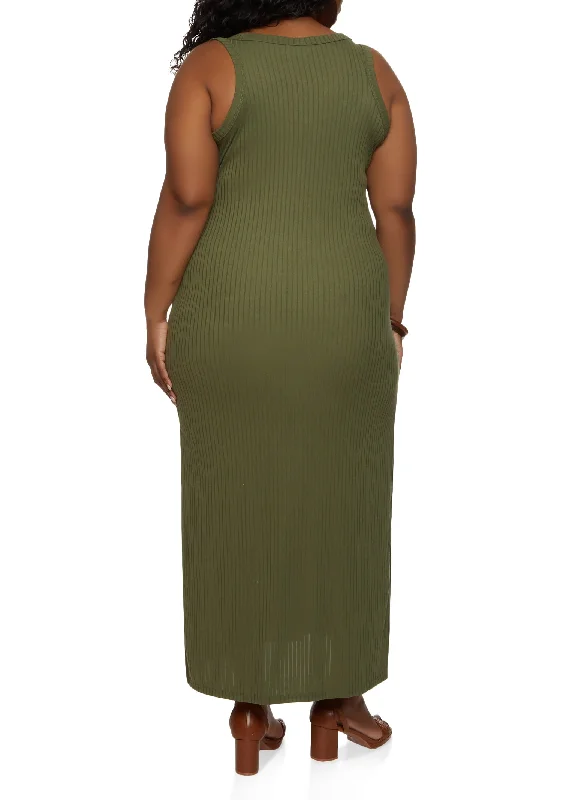 Plus Size Ribbed Side Slit Maxi Tank Dress