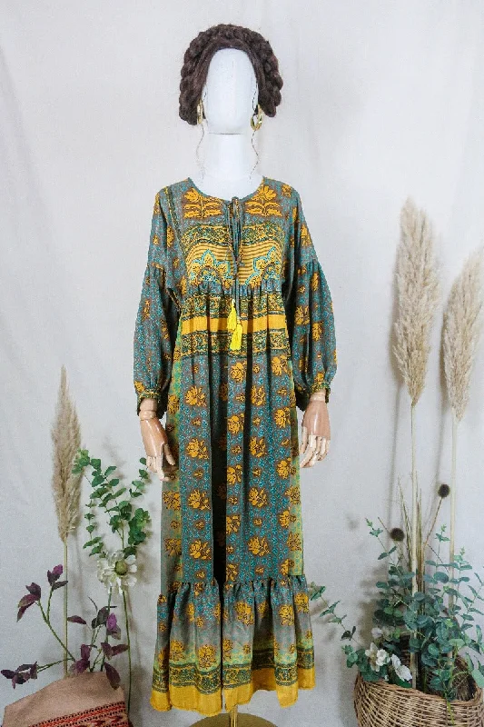 Poppy Smock Dress - Vintage Sari - Turmeric Yellow & Hazelnut Brown Floral - XS