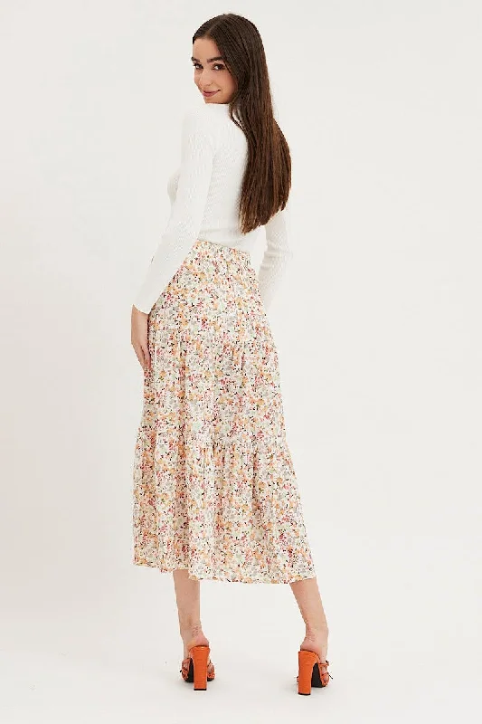 Print Maxi Skirt High Rise Tiered