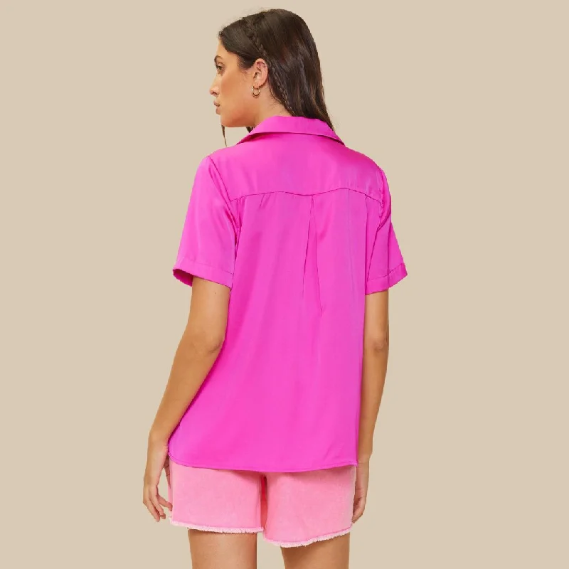 Recycled Satin Button Down S/S Shirt (Hot Pink)