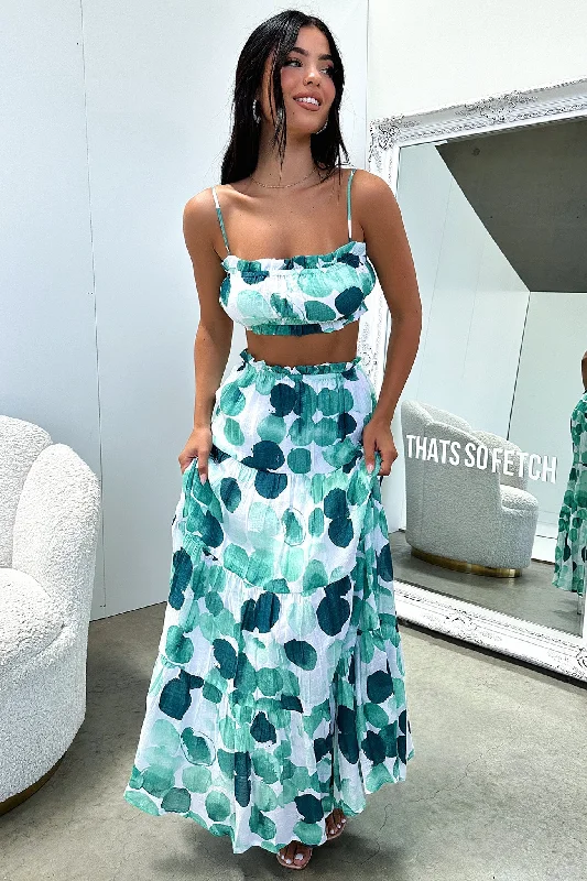 Selina Maxi Skirt - Green / White Print