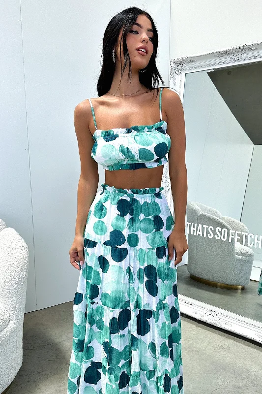 Selina Maxi Skirt - Green / White Print