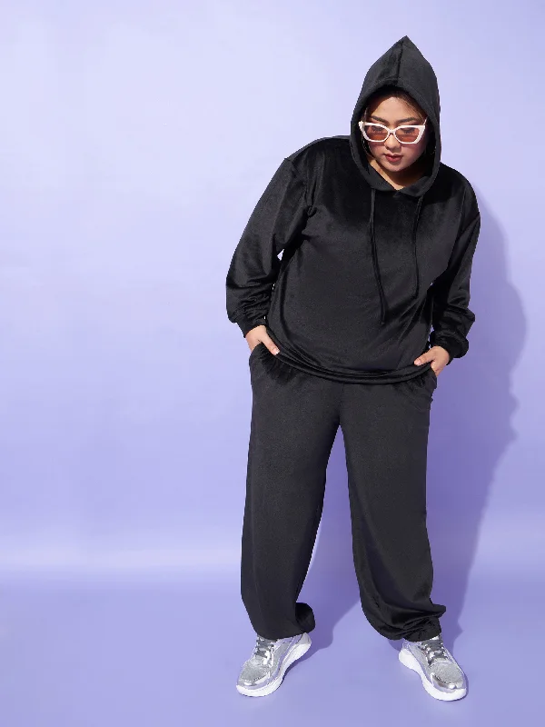 Women Black Velour Hoodie With Joggers