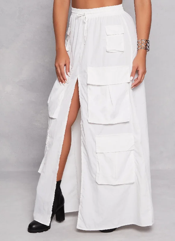 Nylon Drawstring Front Slit Maxi Cargo Skirt