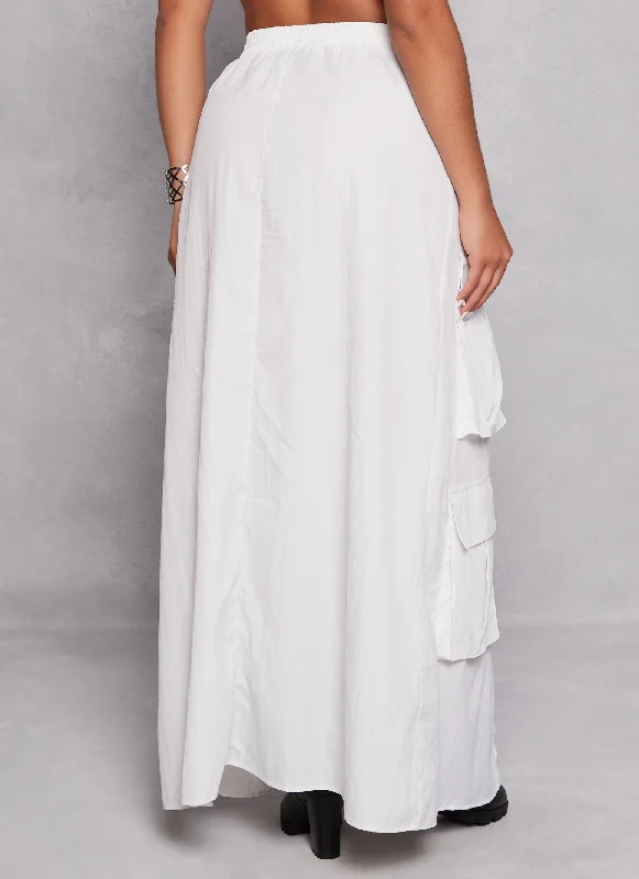 Nylon Drawstring Front Slit Maxi Cargo Skirt