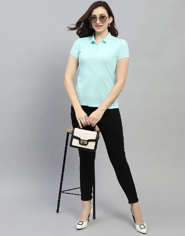 Women Aqua Blue Solid Polo Collar Half Sleeve T Shirt