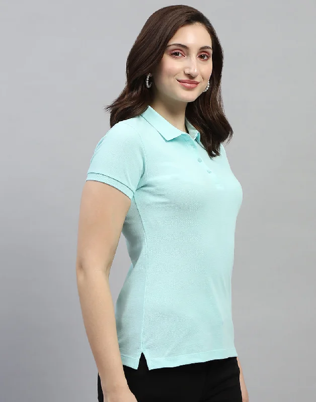 Women Aqua Blue Solid Polo Collar Half Sleeve T Shirt