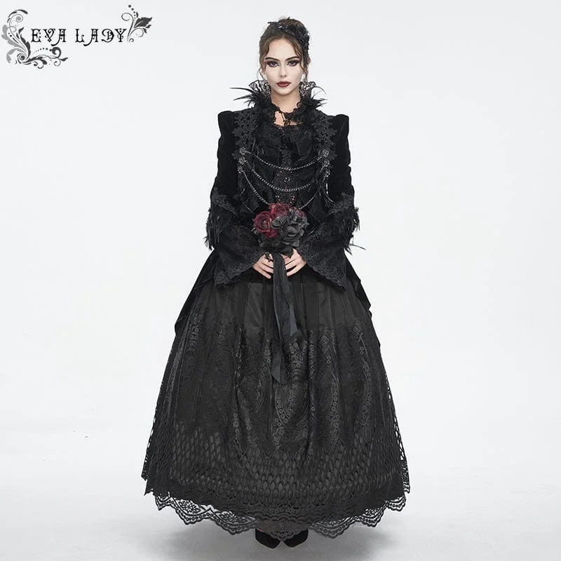 Women's Gothic Off Shoulder Rose Beaded Velvet Black Wedding Dress