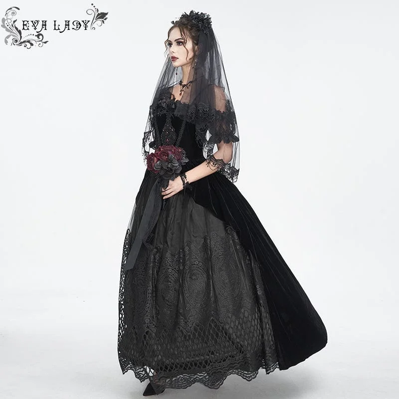 Women's Gothic Off Shoulder Rose Beaded Velvet Black Wedding Dress