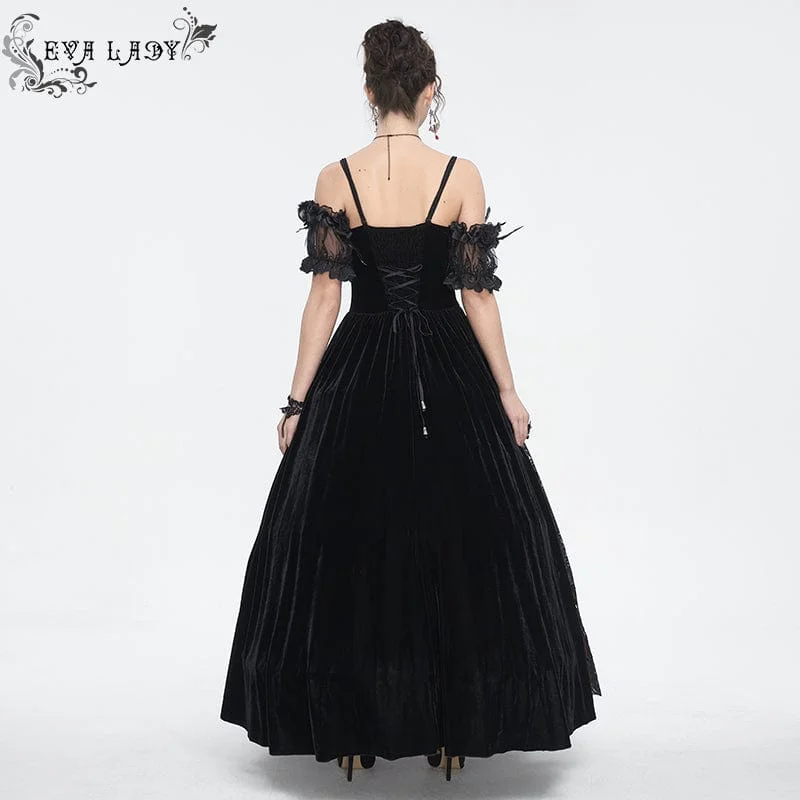 Women's Gothic Off Shoulder Rose Beaded Velvet Black Wedding Dress