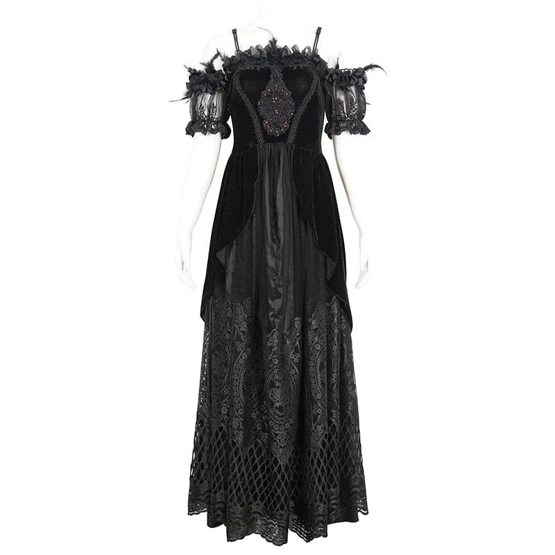 Women's Gothic Off Shoulder Rose Beaded Velvet Black Wedding Dress