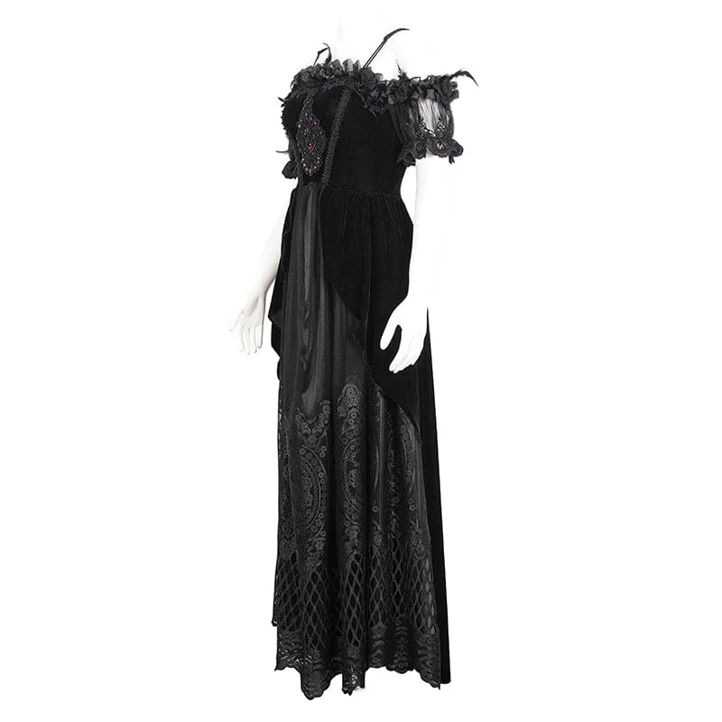 Women's Gothic Off Shoulder Rose Beaded Velvet Black Wedding Dress