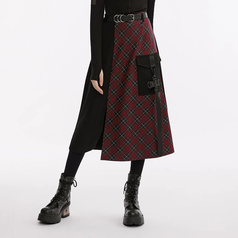 Women's Grunge Big-pocket Plaid Splice Skirt