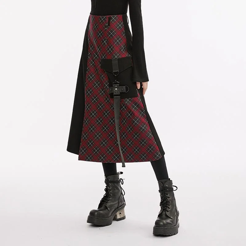 Women's Grunge Big-pocket Plaid Splice Skirt