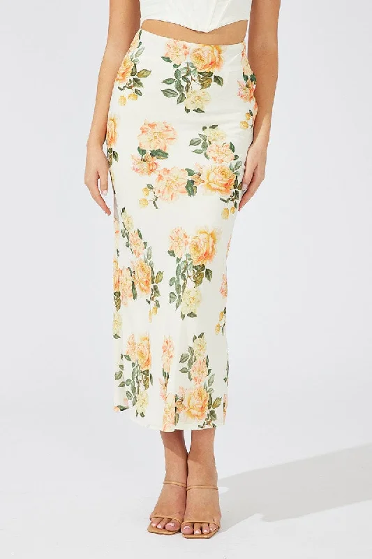 Yellow Floral Maxi Skirt Slim Fit High Rise