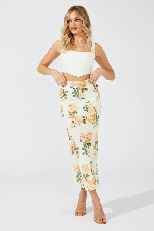 Yellow Floral Maxi Skirt Slim Fit High Rise