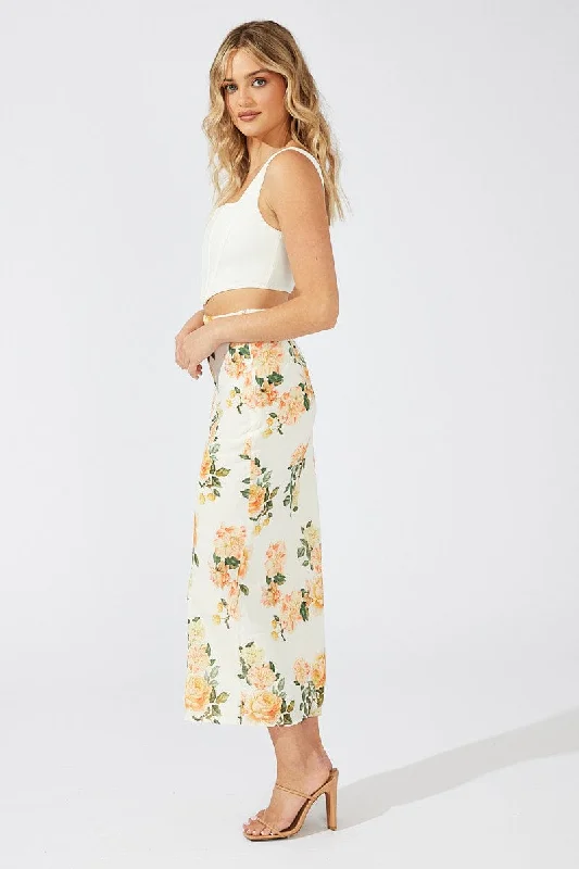 Yellow Floral Maxi Skirt Slim Fit High Rise