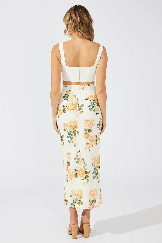 Yellow Floral Maxi Skirt Slim Fit High Rise